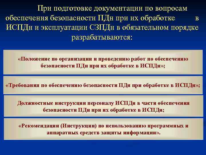 При подготовке документации по вопросам обеспечения безопасности ПДн при их обработке в ИСПДн и