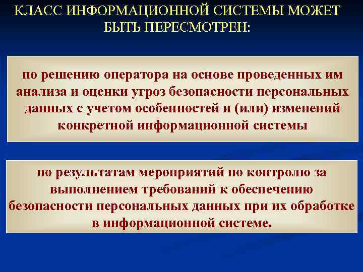 КЛАСС ИНФОРМАЦИОННОЙ СИСТЕМЫ МОЖЕТ БЫТЬ ПЕРЕСМОТРЕН: по решению оператора на основе проведенных им анализа