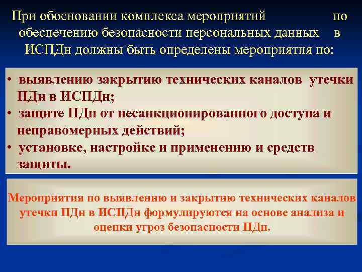 При обосновании комплекса мероприятий по обеспечению безопасности персональных данных в ИСПДн должны быть определены