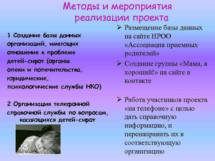 Методы и мероприятия реализации проекта 1 Создание базы данных организаций, имеющих отношение к проблеме