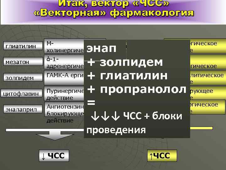 Итак, вектор «ЧСС» «Векторная» фармакология глиатилин мезатон золпидем цитофлавин эналаприл Мхолинергическое действие ά-1 -