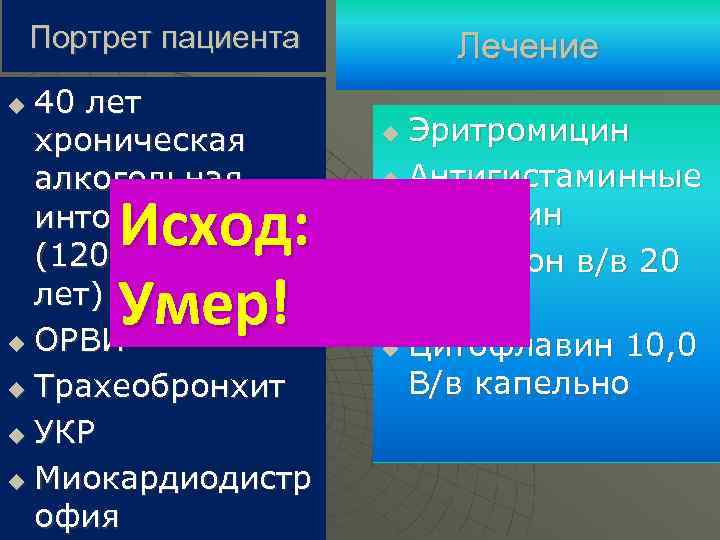 Портрет пациента 40 лет хроническая алкогольная интоксикация (120 в сутки -5 лет) u ОРВИ