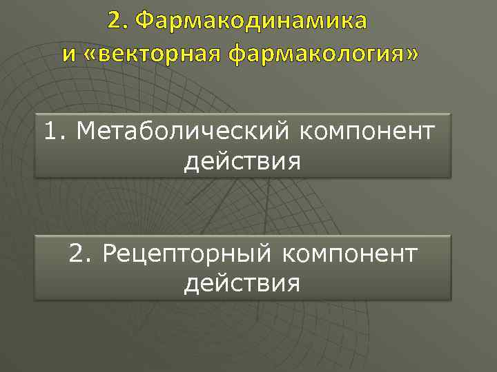 2. Фармакодинамика и «векторная фармакология» 1. Метаболический компонент действия 2. Рецепторный компонент действия 