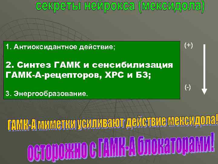 1. Антиоксидантное действие; (+) 2. Синтез ГАМК и сенсибилизация ГАМК-А-рецепторов, ХРС и БЗ; 3.