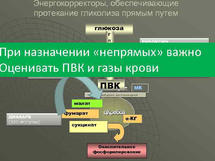 Энергокорректоры, обеспечивающие протекание гликолиза прямым путем глюкоза Г Л РИБОКСИН (1 Г-2 Г/СУТКИ) При