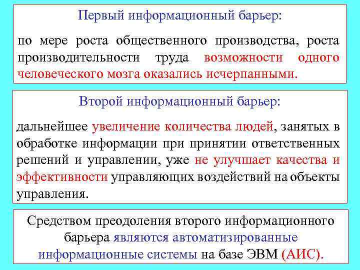 Первый информационный барьер: по мере роста общественного производства, роста производительности труда возможности одного человеческого