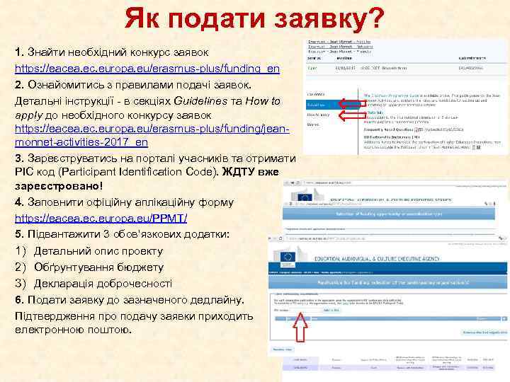 Як подати заявку? 1. Знайти необхідний конкурс заявок https: //eacea. ec. europa. eu/erasmus-plus/funding_en 2.