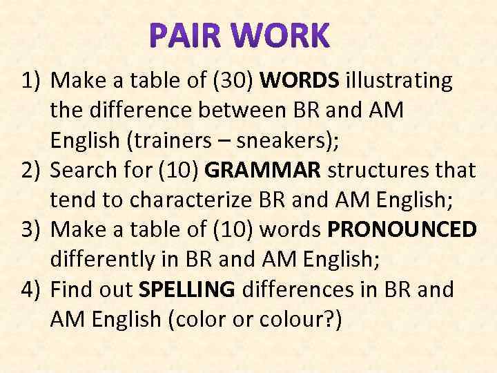 1) Make a table of (30) WORDS illustrating the difference between BR and AM