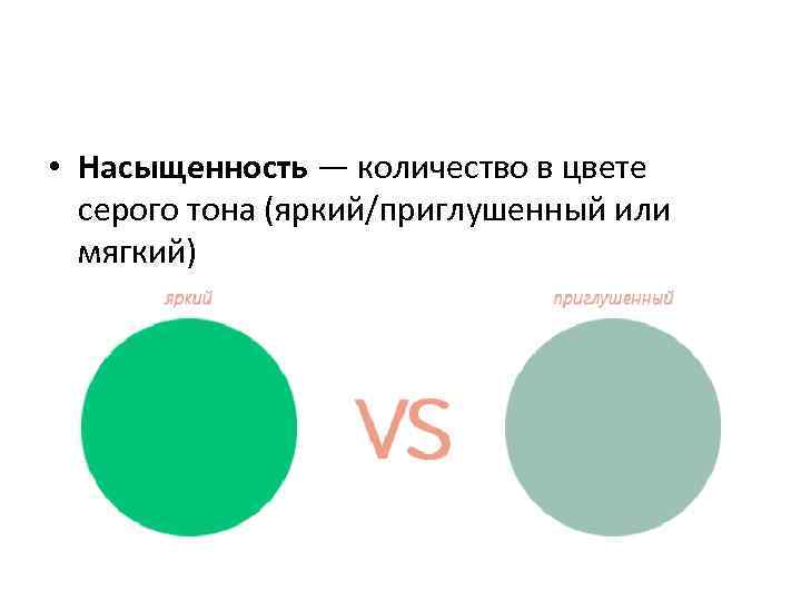  • Насыщенность — количество в цвете серого тона (яркий/приглушенный или мягкий) 