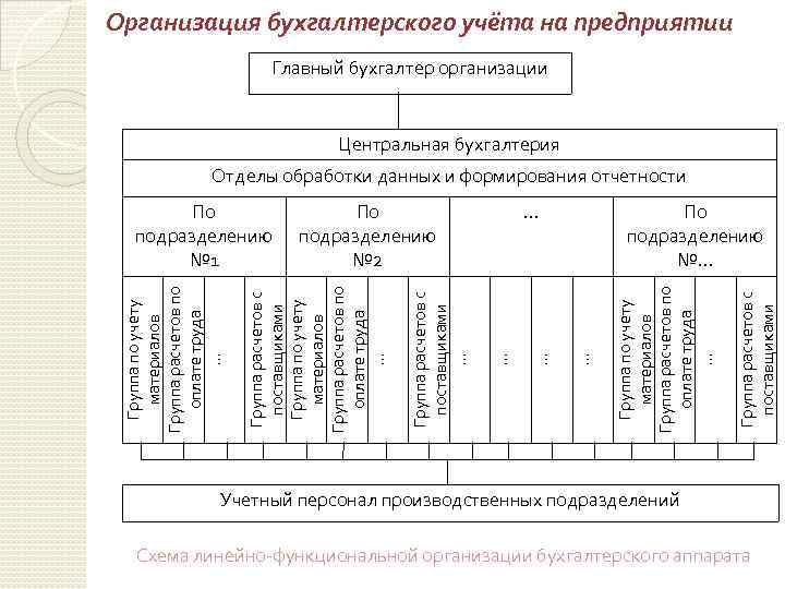 Организация бухгалтерского учёта на предприятии Главный бухгалтер организации Центральная бухгалтерия Отделы обработки данных и