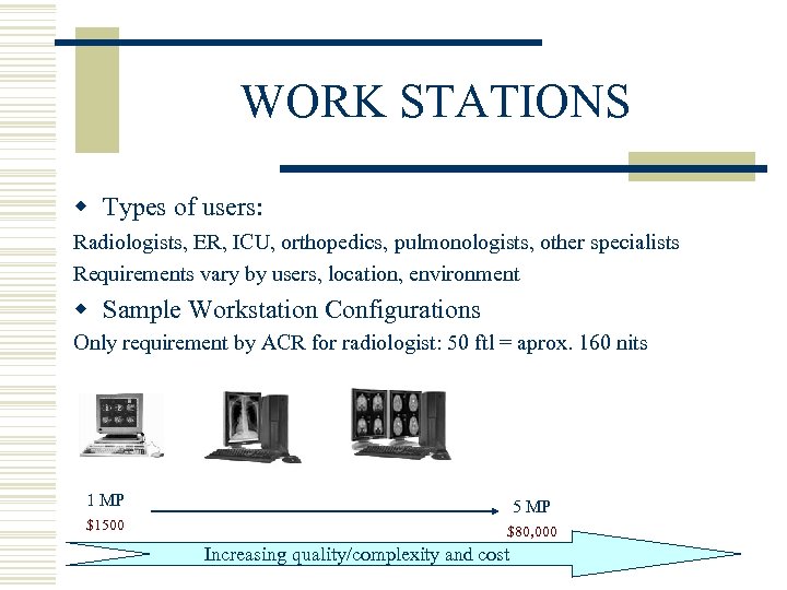 WORK STATIONS w Types of users: Radiologists, ER, ICU, orthopedics, pulmonologists, other specialists Requirements
