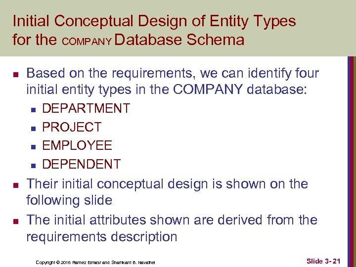 Initial Conceptual Design of Entity Types for the COMPANY Database Schema n Based on