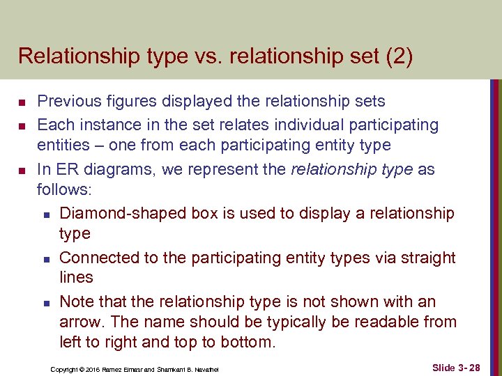 Relationship type vs. relationship set (2) n n n Previous figures displayed the relationship