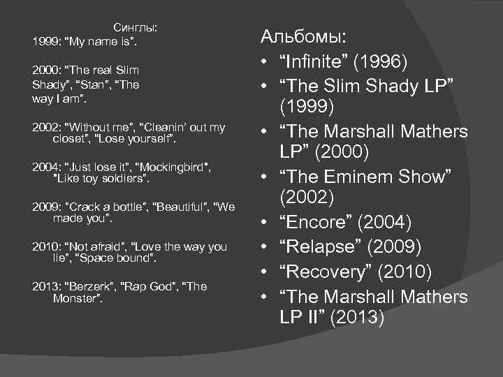 Синглы: 1999: “My name is”. 2000: “The real Slim Shady”, “Stan”, “The way I