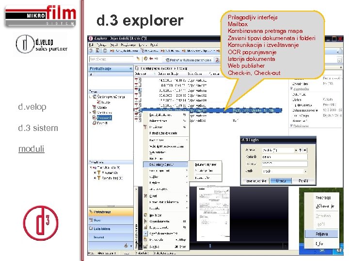 d. 3 explorer d. velop d. 3 sistem moduli Prilagodljiv interfejs Mailbox Kombinovana pretraga