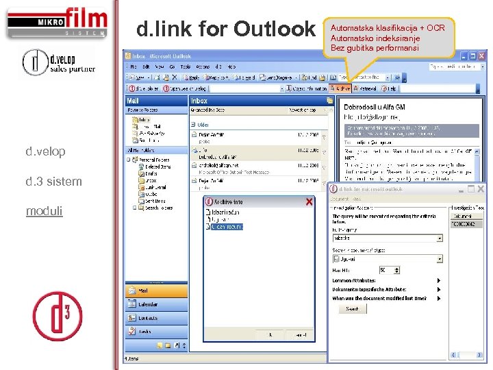 d. link for Outlook d. velop d. 3 sistem moduli Automatska klasifikacija + OCR