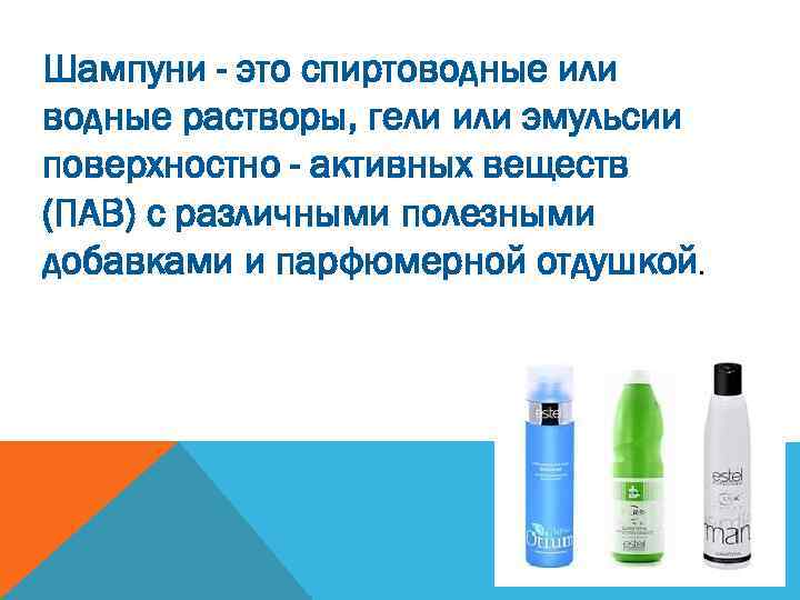 Шампуни - это спиртоводные или водные растворы, гели или эмульсии поверхностно - активных веществ