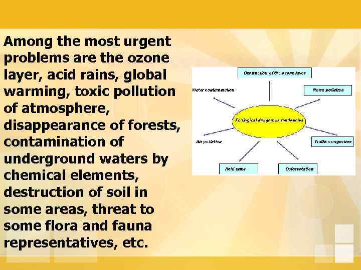 Among the most urgent problems are the ozone layer, acid rains, global warming, toxic