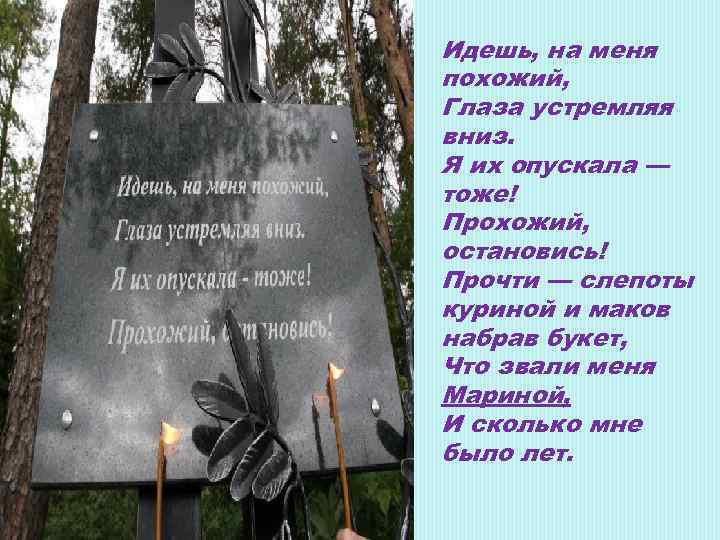 Идешь, на меня похожий, Глаза устремляя вниз. Я их опускала — тоже! Прохожий, остановись!
