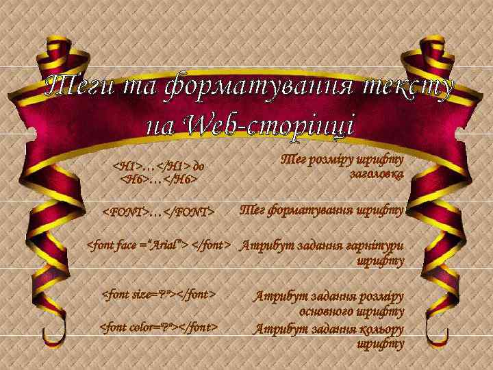 Теги та форматування тексту на Web-сторінці <H 1>…</H 1> до <H 6>…</Н 6> <FONT>…</FONT>