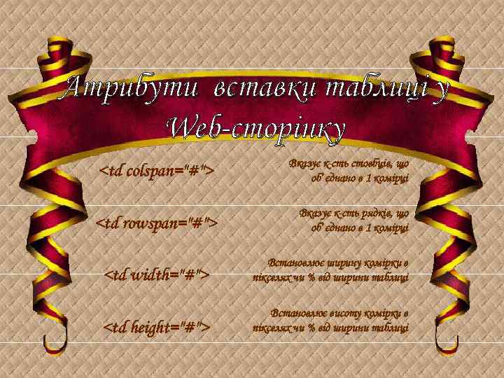 Атрибути вставки таблиці у Web-сторінку <td colspan="#"> Вказує к-сть стовбців, що обʼєднано в 1