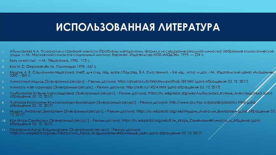 ИСПОЛЬЗОВАННАЯ ЛИТЕРАТУРА 1. Абульханова К. А. Психология и сознание личности (Проблемы методологии, теории и