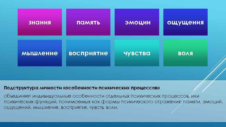 знания память эмоции ощущения мышление восприятие чувства воля Подструктура личности «особенности психических процессов» объединяет