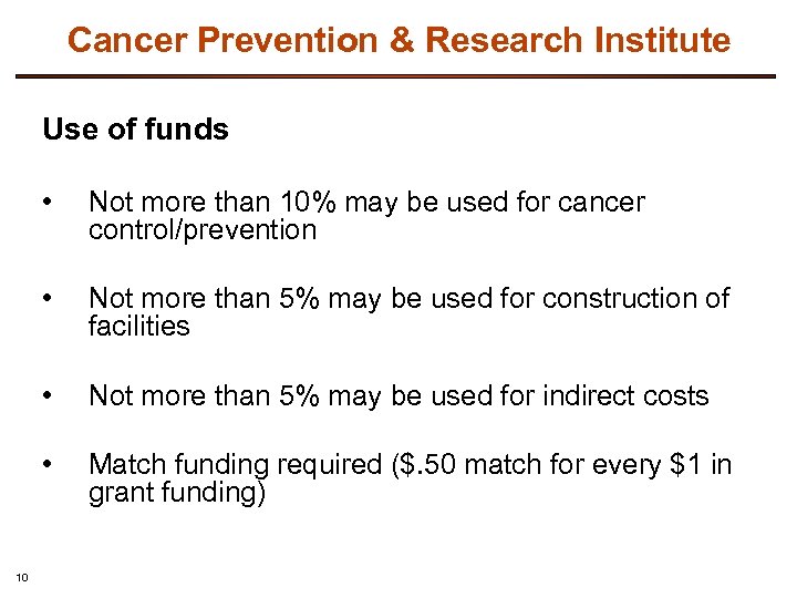 Cancer Prevention & Research Institute Use of funds • • Not more than 5%