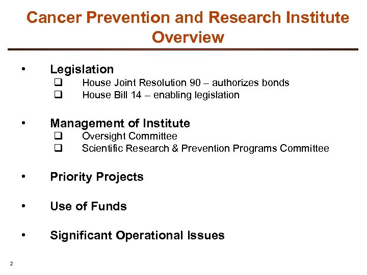 Cancer Prevention and Research Institute Overview • Legislation q q • House Joint Resolution