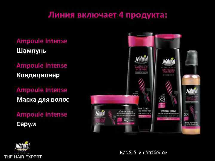 Линия включает 4 продукта: Ampoule Intense Шампунь Ampoule Intense Кондиционер Ampoule Intense Маска для