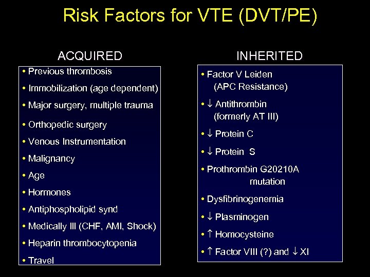 Risk Factors for VTE (DVT/PE) ACQUIRED • Previous thrombosis • Immobilization (age dependent) •