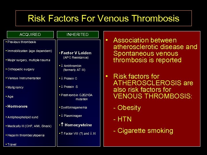 Risk Factors For Venous Thrombosis ACQUIRED INHERITED • Previous thrombosis • Immobilization (age dependent)