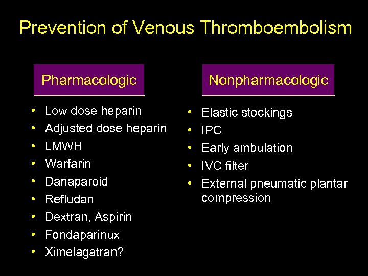 Prevention of Venous Thromboembolism Pharmacologic • • • Low dose heparin Adjusted dose heparin