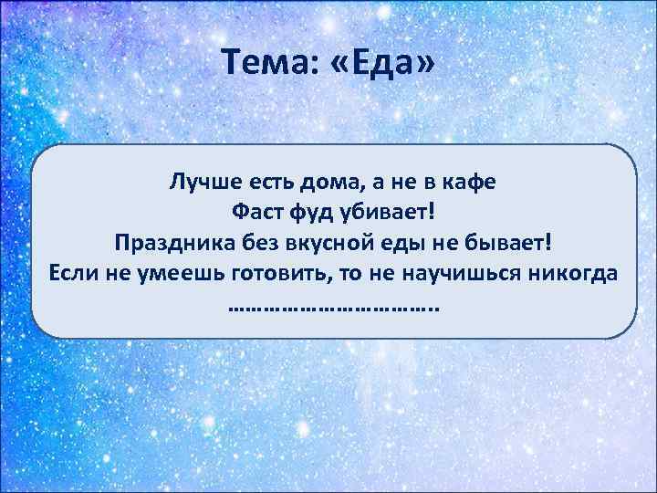 Тема: «Еда» Лучше есть дома, а не в кафе Фаст фуд убивает! Праздника без