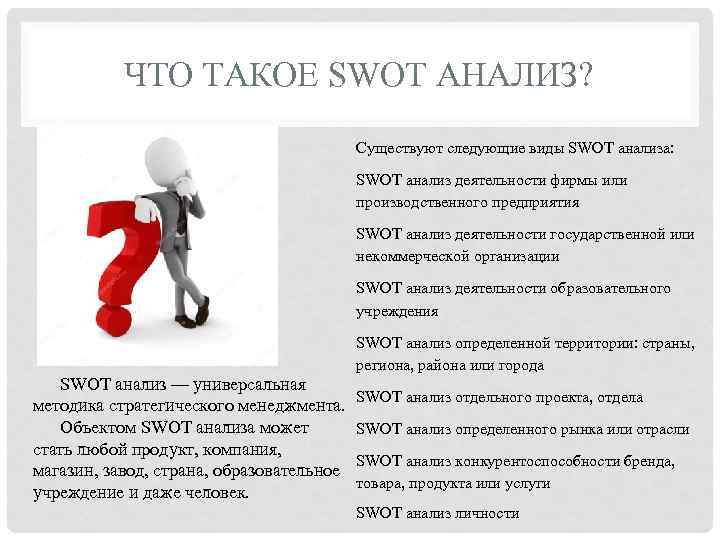 ЧТО ТАКОЕ SWOT АНАЛИЗ? Существуют следующие виды SWOT анализа: SWOT анализ деятельности фирмы или