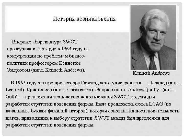 История возникновения Впервые аббревиатура SWOT прозвучала в Гарварде в 1963 году на конференции по