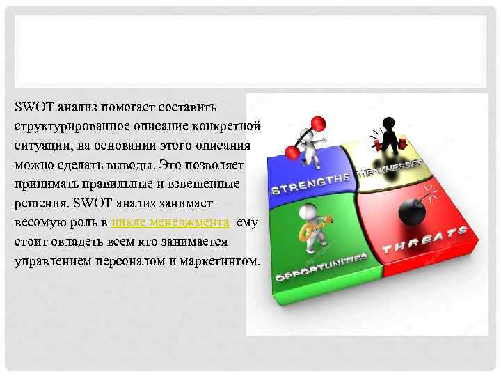 SWOT анализ помогает составить структурированное описание конкретной ситуации, на основании этого описания можно сделать