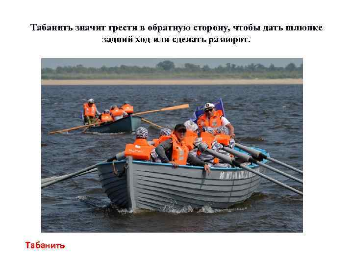 Табанить значит грести в обратную сторону, чтобы дать шлюпке задний ход или сделать разворот.