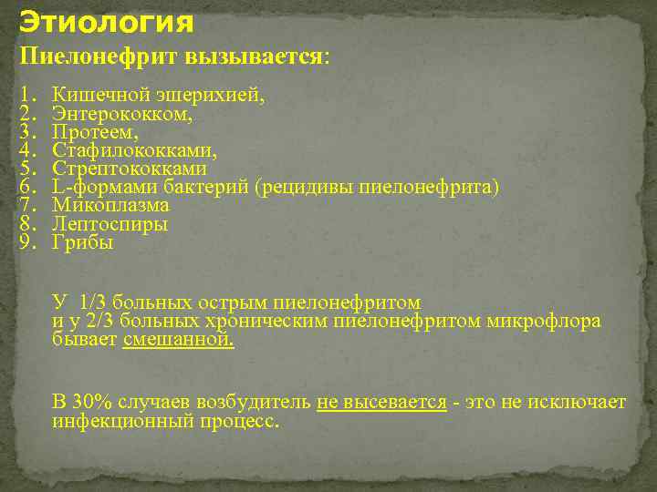 Этиология Пиелонефрит вызывается: 1. 2. 3. 4. 5. 6. 7. 8. 9. Кишечной эшерихией,