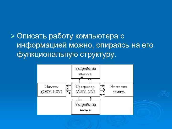 Ø Описать работу компьютера с информацией можно, опираясь на его функциональную структуру. 