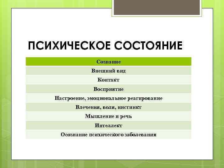 ПСИХИЧЕСКОЕ СОСТОЯНИЕ Сознание Внешний вид Контакт Восприятие Настроение, эмоциональное реагирование Влечения, воля, инстинкт Мышление