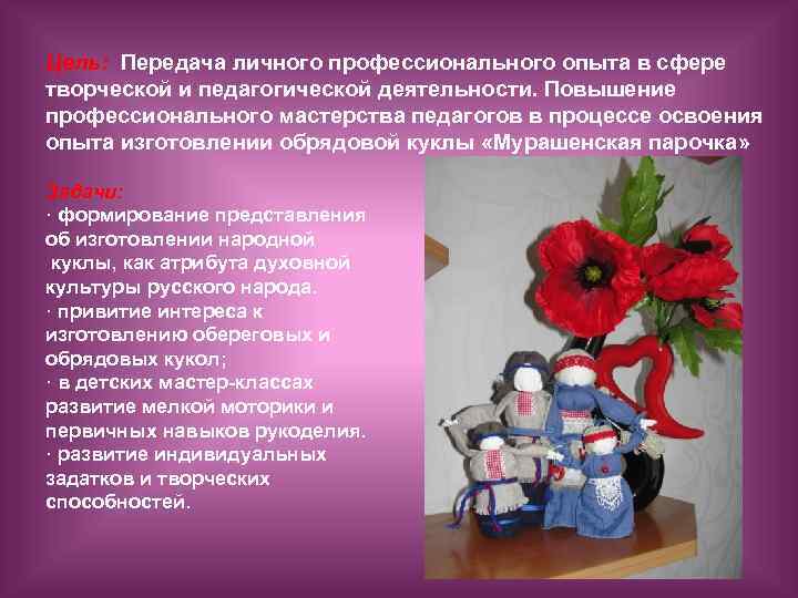 Цель: Передача личного профессионального опыта в сфере творческой и педагогической деятельности. Повышение профессионального мастерства