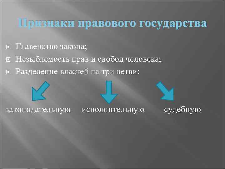 Признаки правового государства Главенство закона; Незыблемость прав и свобод человека; Разделение властей на три