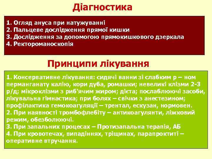Діагностика 1. Огляд ануса при натужуванні 2. Пальцеве дослідження прямої кишки 3. Дослідження за