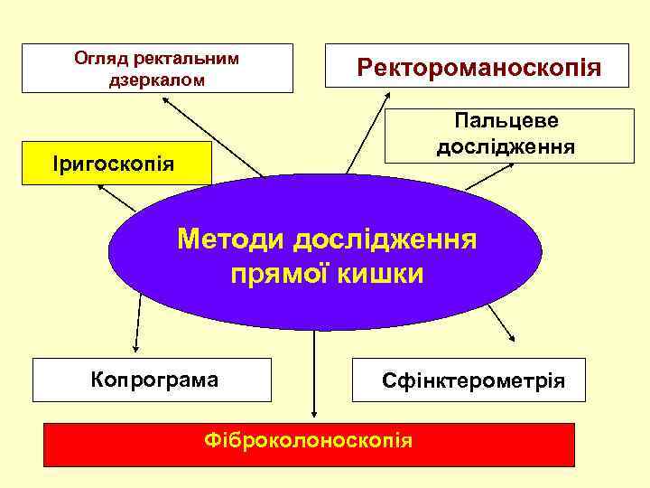 Огляд ректальним дзеркалом Ректороманоскопія Пальцеве дослідження Іригоскопія Методи дослідження прямої кишки Копрограма Сфінктерометрія Фіброколоноскопія