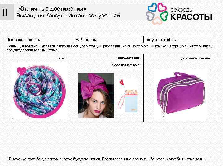 II В «Отличные достижения» Вызов для Консультантов всех уровней февраль - апрель май -