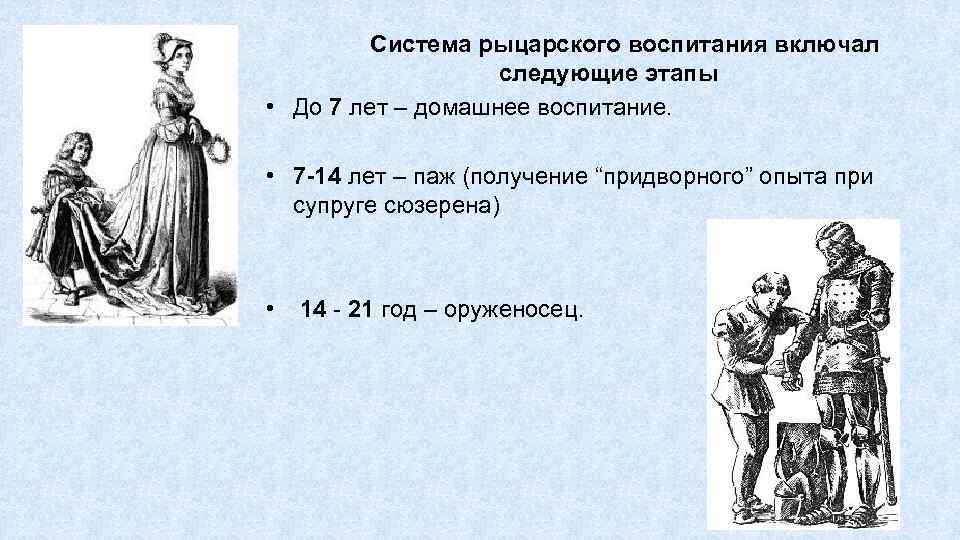 Система рыцарского воспитания включал следующие этапы • До 7 лет – домашнее воспитание. •