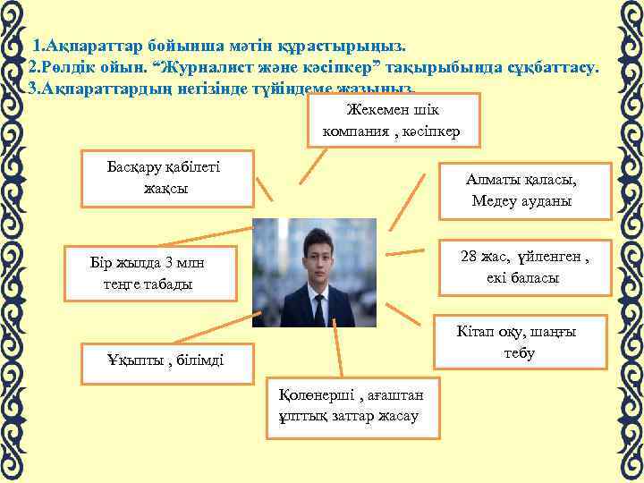  1. Ақпараттар бойынша мәтін құрастырыңыз. 2. Рөлдік ойын. “Журналист және кәсіпкер” тақырыбында сұқбаттасу.