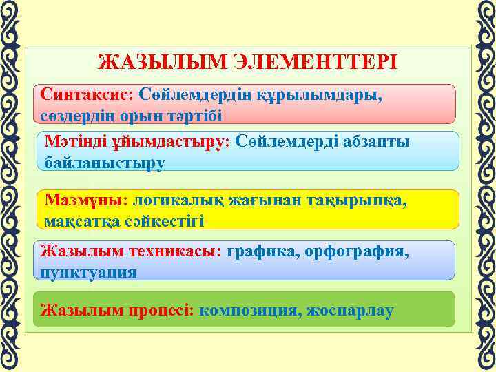 ЖАЗЫЛЫМ ЭЛЕМЕНТТЕРІ Синтаксис: Сөйлемдердің құрылымдары, сөздердің орын тәртібі Мәтінді ұйымдастыру: Сөйлемдерді абзацты байланыстыру Мазмұны: