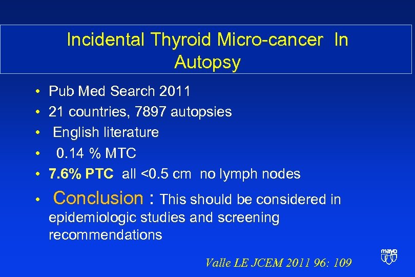 Incidental Thyroid Micro-cancer In Autopsy • • • Pub Med Search 2011 21 countries,